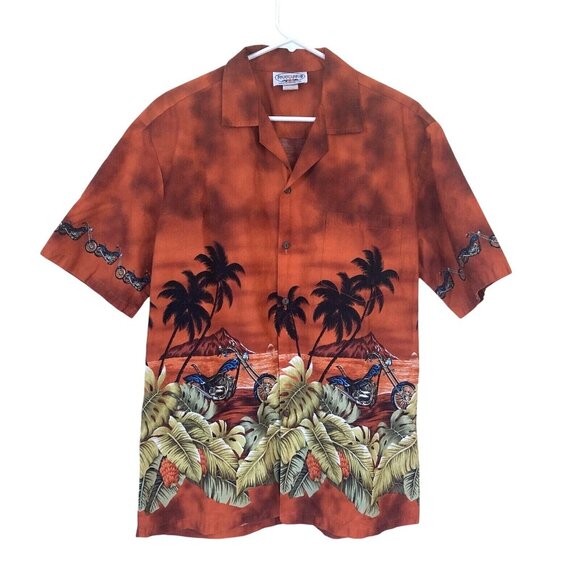 Vtg Mens Hawaiian Shirt Pacific Legend Apparel Cotton Motorcycle Large Orange - Picture 1 of 8